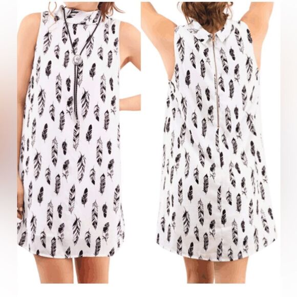 LUMIERE  Black White feather Boho lined SHIFT DRESS size M - Picture 2 of 7